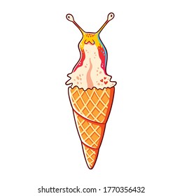 Achatina snail in a waffle cone, a weird but cute animal ice cream. Design for stickers, t-shirts, posters, cards. Isolated on white background