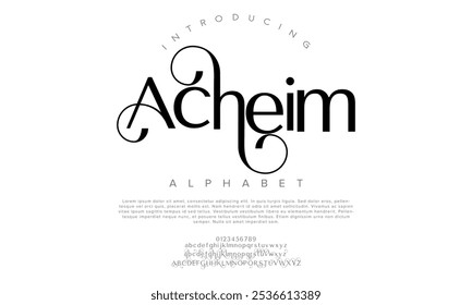 Acheim typography beauty fashion elegant minimalist serif italic fonts decorative wedding vintage retro logos. Minimal luxury font alphabet logo. Vector illustration