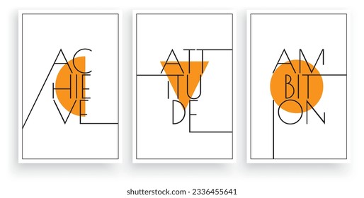 Achieve attitude ambition, vector. Scandinavian minimalist art design. Three pieces poster design. Wall art, art design, artwork. Modern wording design. Motivational, inspirational quote