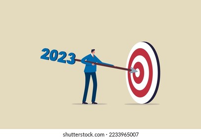 Achieve business goals in 2023. aim for business success. Businessman holding dart aiming on bullseye target. illustration