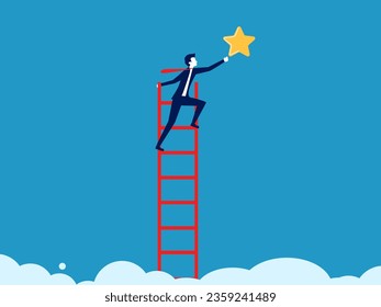 Achieve business goals. Businessman climbs the stairs to the top and reaches for the stars 