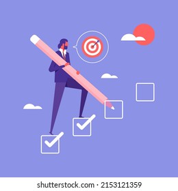 Achieve business target concept, businessman walking up checklist as staircase or todo list for businessman to achieve target