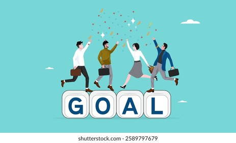 achieve common goals, celebrate team effort collaboration, hard work or efforts to achieve team success, business people colleagues celebrate business goals achieved by the team