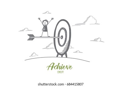 Achieve concept. Hand drawn arrow in the center of target. Happy person who achieved the goal isolated vector illustration.