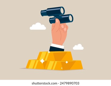  Achieve financial goal. Hand with binoculars on stack of gold bar bullion looking for outlook.Flat vector illustration