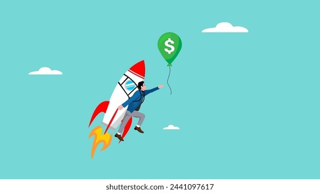 achieve financial goal with startup business success, startup business management to reach financial freedom, businessman flying using startup business rocket to reach balloon with dollar money