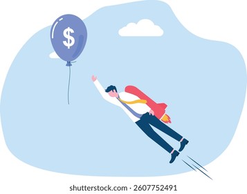 achieve financial goal with startup business success, startup business management to reach financial freedom, businessman flying using startup business rocket to reach balloon with dollar money

