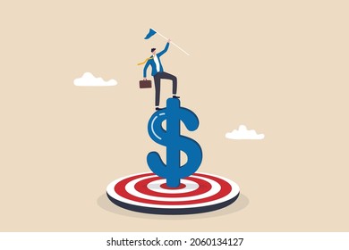 Achieve Financial Goal, Success Investment Or Make Money Target, Win Wealth And Savings Objective Or Accomplishment Concept, Confidence Businessman Holding Winner Flag On Top Of Dollar Money Target.