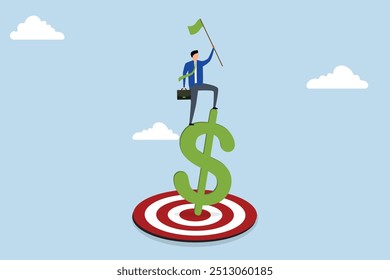 Alcançar o objetivo financeiro, empreendedor bem-sucedido orgulhosamente acenando bandeira de vitória em cima de um alvo feito de notas de dólar.