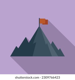 Achieve flag on mountain icon flat vector. Top career. Climb success