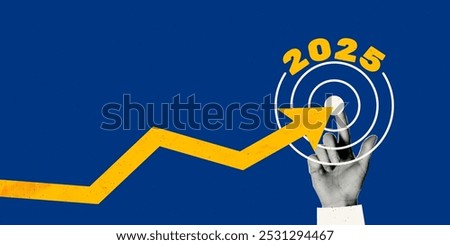Achieve goal in 2025 year concept art collage. Rising arrow chart halftone hand pointing to center of dartboard. Business goal, achieve targets, success. Modern retro vector illustration 