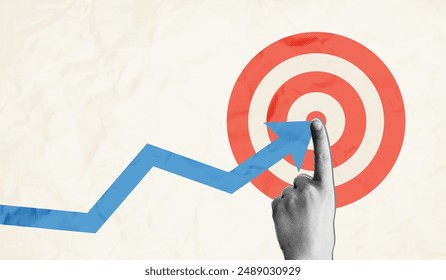 Achieve goal concept art collage. Rising arrow chart halftone hand pointing to center of dartboard. Business goal, achieve targets, success. Vector illustration on crumpled paper texture background