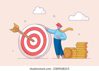Achieve goal concept. Aspiration and motivation. Business objective, purpose or target, goal and resolution to aim for success. confident businessman stand with arrow hit bullseye on archery target.