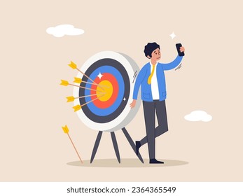 Achieve goal concept. Business objective, purpose or target, goal and resolution to aim for success, aspiration and motivation, confident businessman stand with arrow hit bullseye on archery target.