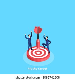 achieve the goal, man in a business suit with a dart in his hand, image in an isometric style