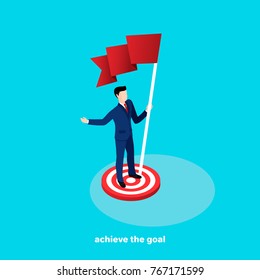 Achieve The Goal, Man In A Business Suit With A Flag In His Hand, Image In An Isometric Style