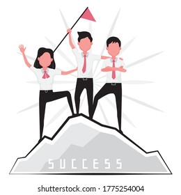 achieve goal picture feature a man and woman stand on the top of a mountain with flag as a metaphor of success