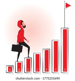 achieve goal picture feature a man and walk on a graph to get a red flag for success