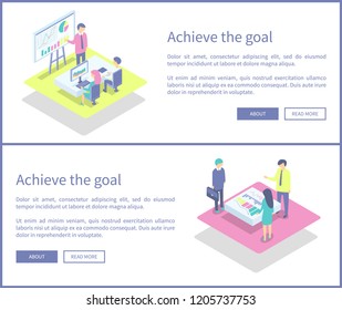 Achieve goal presentation, posters set with text and working people. Business conference meeting of businessman. Team discussing results data vector