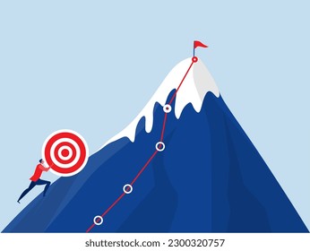 achieve goal and success concept Businessman pushing heavy boulder to mountain peak.hardship and burden concept. Cartoon vector illustration.