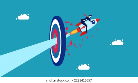 achieve goals. Businessman flying with rocket hitting target. vector