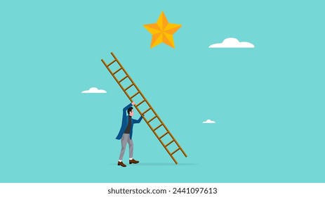 achieve hope of success in business or career, build a ladder of success to achieve new hopes of career development, businessman building a ladder to reach the star symbolizing successful goal achieve