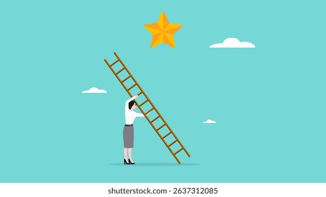 achieve hope of success in business or career, build a ladder of success to achieve new hopes of career development, woman building a ladder to reach the star symbolizing successful goal achieve