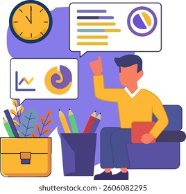 Achieve more in less time with effective time management strategies! The image depicts a person surrounded by tools and analytics, emphasizing the importance of organization and efficiency