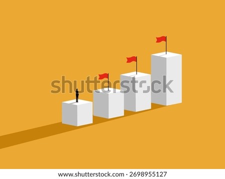 Achieve one goal at a time, progress, businessman walking on a bar graph