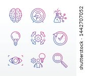 achieve the result goal achievement serching idea plan vision bulb process comlete chemestry structure molecule bio technology hacking mind brain work comprehension vector gradient thin line icon set