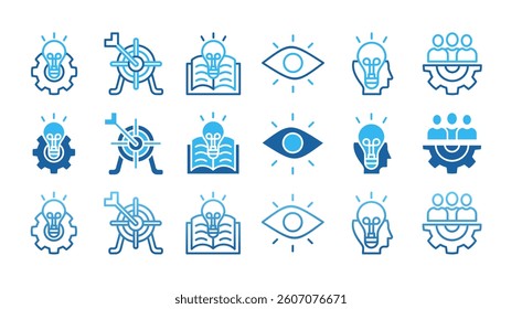 ACHIEVE RESULTS icon set with multiple style creativity, vision, innovation, knowledge, experience, management and goal