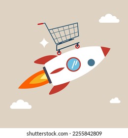 Alcanzar el objetivo de ventas o desarrollar el crecimiento del negocio. Trole sobre el lanzador rápido de cohetes volando alto en el cielo. Inflación y concepto de precios. Ilustración vectorial moderna en estilo plano