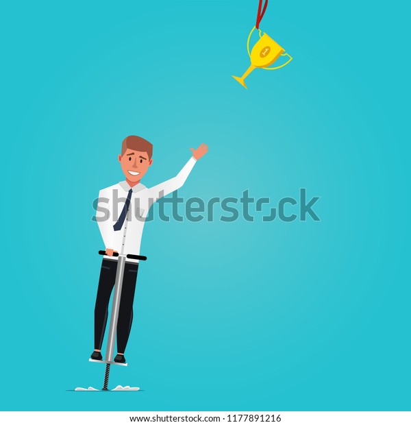 Achieve success in business\
concept vector. Businessman jumping using Pogo jumper to get the\
trophy.
