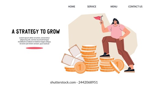 Achieve success in career and business, setting and reaching financial goals, improving leadership skills and mastering finance. Flat style vector banner for website or presentation.