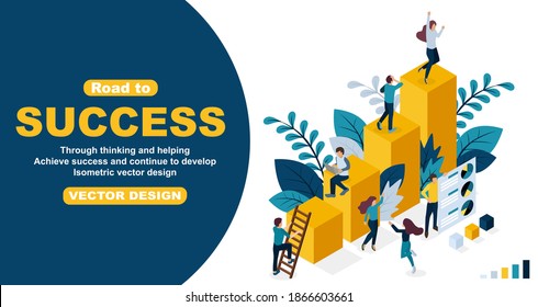 Achieve success through thinking and help and continue to develop isometric vector design