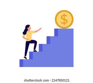 Achieve target to money, investment plan or salary, ladder of success in financial freedom. Climbing up to reach income or salary growth. Woman step climbing high to money coin. Vector