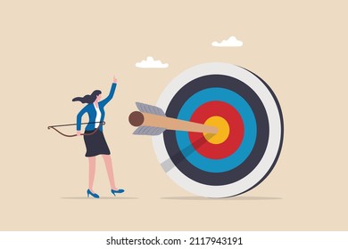 Achieve target, reach goal or success female entrepreneur, aiming to hit bullseye target concept, cheerful businesswoman archery shot arrow to hit big target.