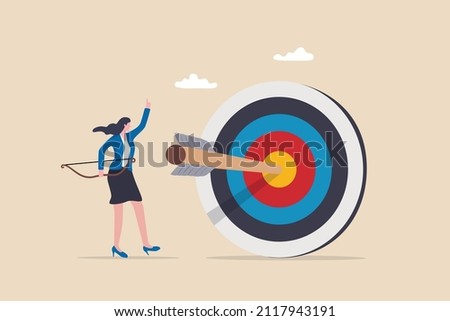 Achieve target, reach goal or success female entrepreneur, aiming to hit bullseye target concept, cheerful businesswoman archery shot arrow to hit big target.