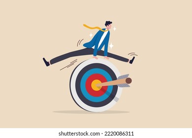 Achieve target, reaching goal or obtain business objective and purpose, accomplishment, success mission or victory concept, success skillful businessman jumping over arrow hit bullseye target.