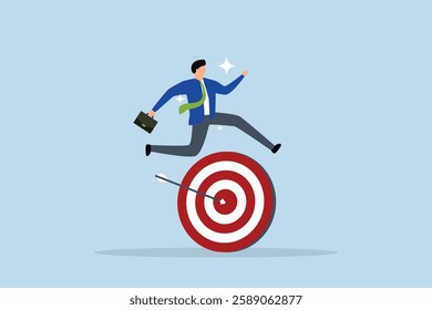 Achieve target, successful talented entrepreneur leaping across arrow striking bullseye goal. 