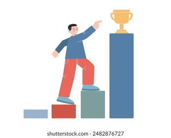 Logra trofeo sube hombre sube escalera líder logra premio en negocios gana premio