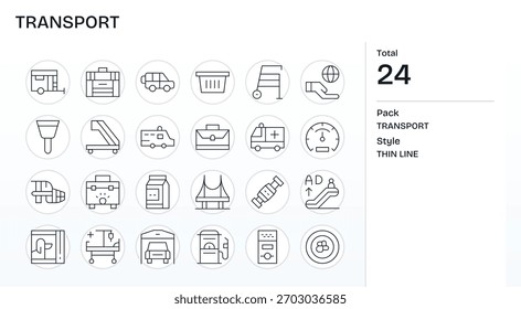 Achieve visual harmony with 24 Thin Line icons themed around Transport, suitable for any screen.