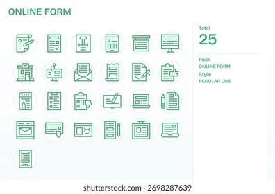 Consigue una armonía visual con 25 iconos de línea regular temáticos en torno a la forma en línea, adecuado para cualquier pantalla.