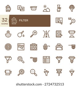 Alcance harmonia visual com 32 ícones de linha negrito com temas em torno de Filtro, adequado para qualquer tela.