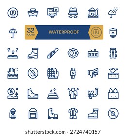 Achieve visual harmony with 32 Bold Line icons themed around Waterproof, suitable for any screen.