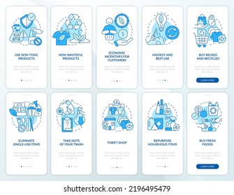 Achieve zero waste goals blue onboarding mobile app screen set. Walkthrough 5 steps editable graphic instructions with linear concepts. UI, UX, GUI template. Myriad Pro-Bold, Regular fonts used