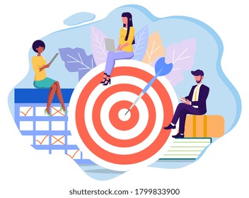 Achieved business and personal goals concept with successful people working on mobile devices around a target, colored vector illustration