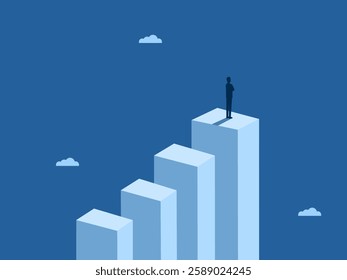 Achieved goal, Businessman confidently stands on the highest bar graph