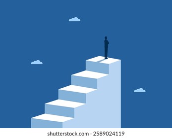 Achieved goals. Businessman standing on the top of the ladder