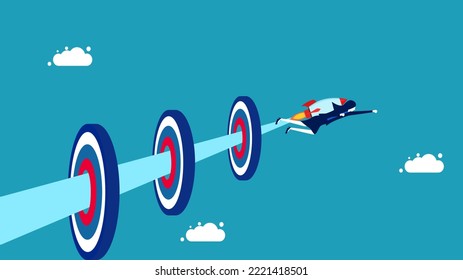 Achieved many goals. Businesswoman flying with rocket hitting target. vector